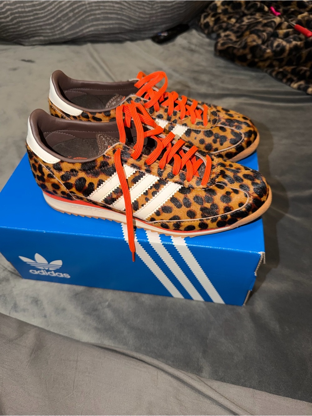 Adidas SL 72 OG Women’s Leopard Print Sneakers with Bright Orange Laces